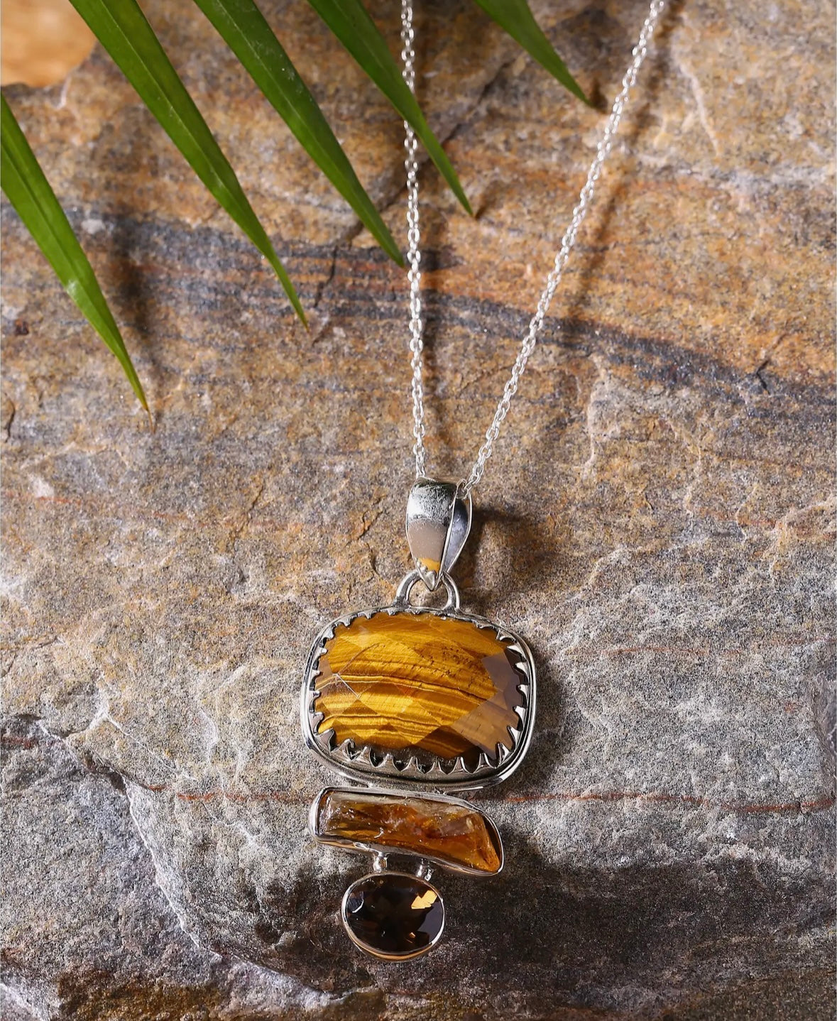 Sterling Silver Tiger Eye, Citrine & Smoky Quartz Pendant