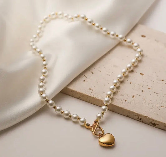 Beaded Pearl and Gold Heart Necklace
