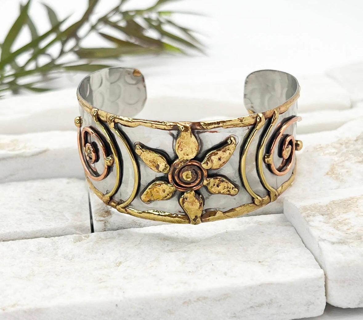 Mixed Metal Floral Cuff