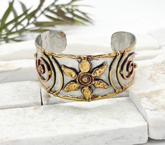 Mixed Metal Floral Cuff