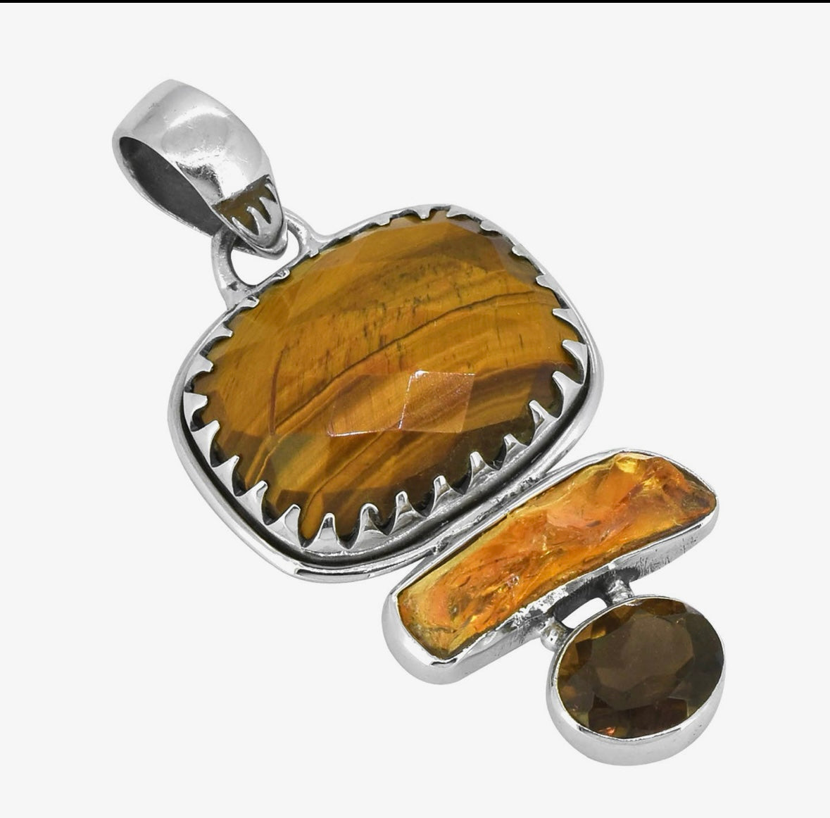Sterling Silver Tiger Eye, Citrine & Smoky Quartz Pendant