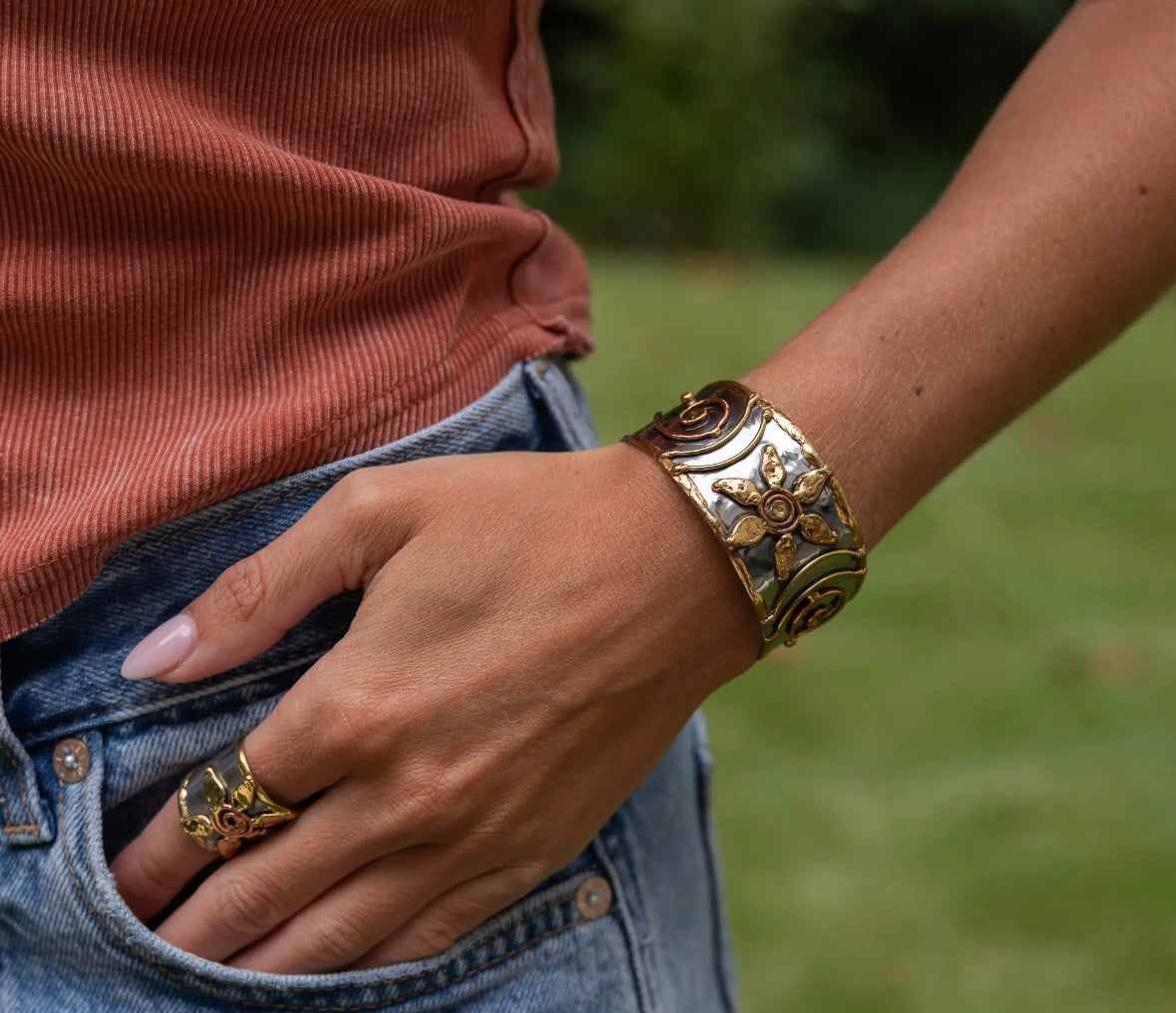 Mixed Metal Floral Cuff