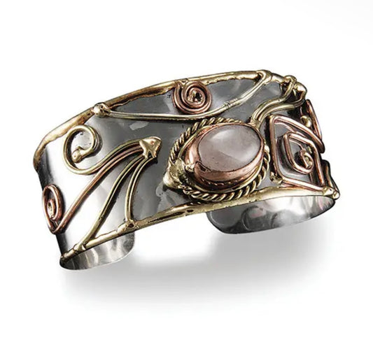 Mixed Metal Cuff Bracelet with Rose Quartz