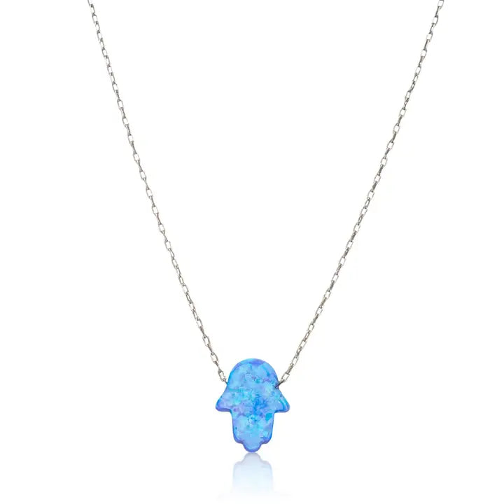 Blue Opal Hamsa Hand Necklace On Sterling Silver Chain